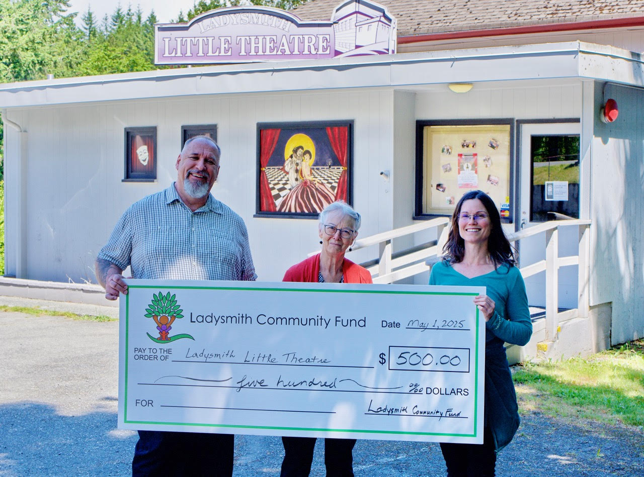 Ladysmith Little Theatre being presented with a cheque from Ladysmith Community Fund
