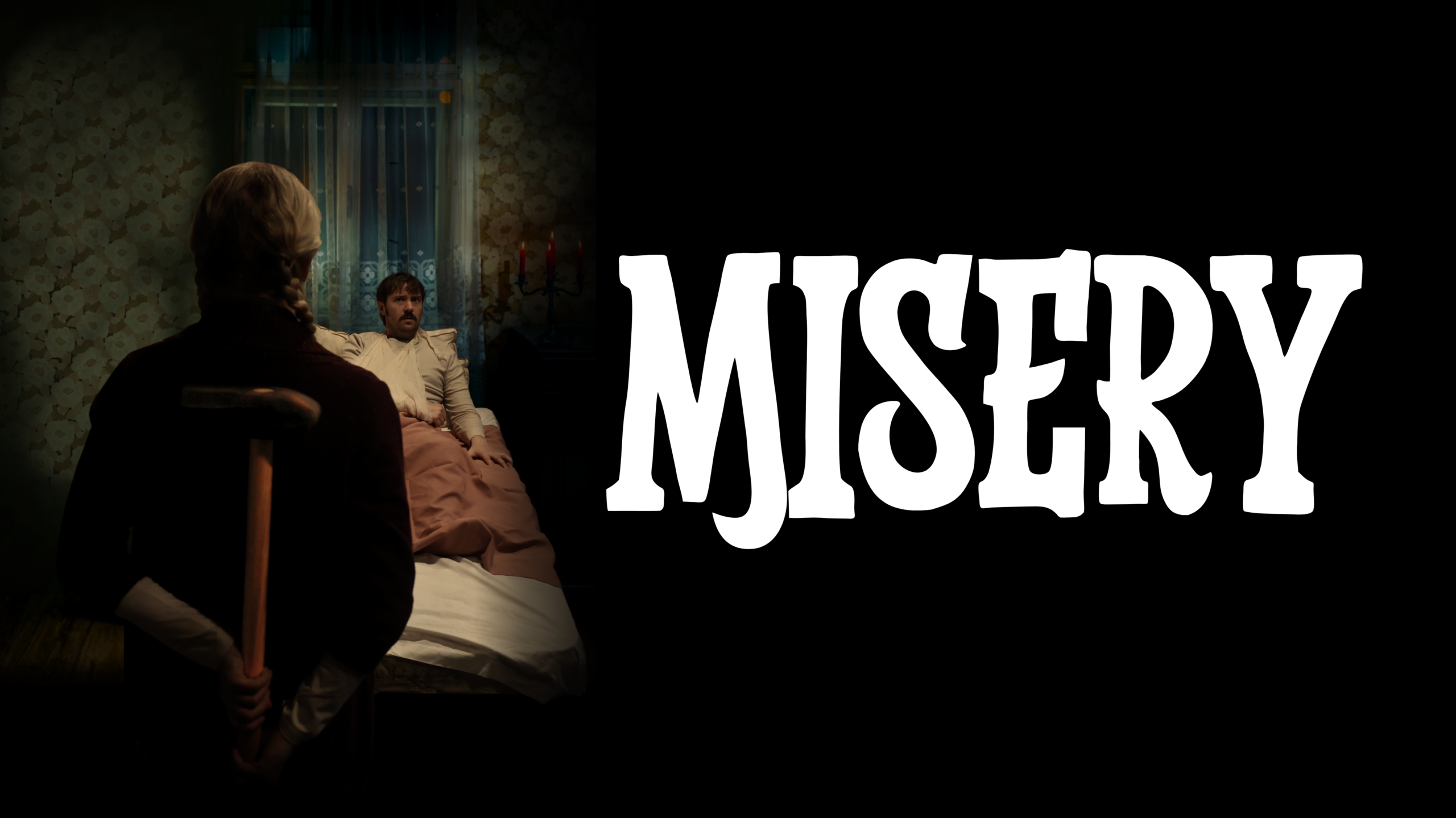 A scene of Annie Wilkes holding a sledgehammer behind her while she looks at a concerned Paul Sheldon in the bed
